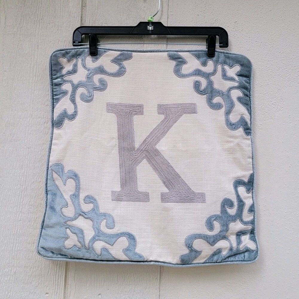 pier 1 imports Monogram pillow cover Letter K 18x18 blu/wht/gry